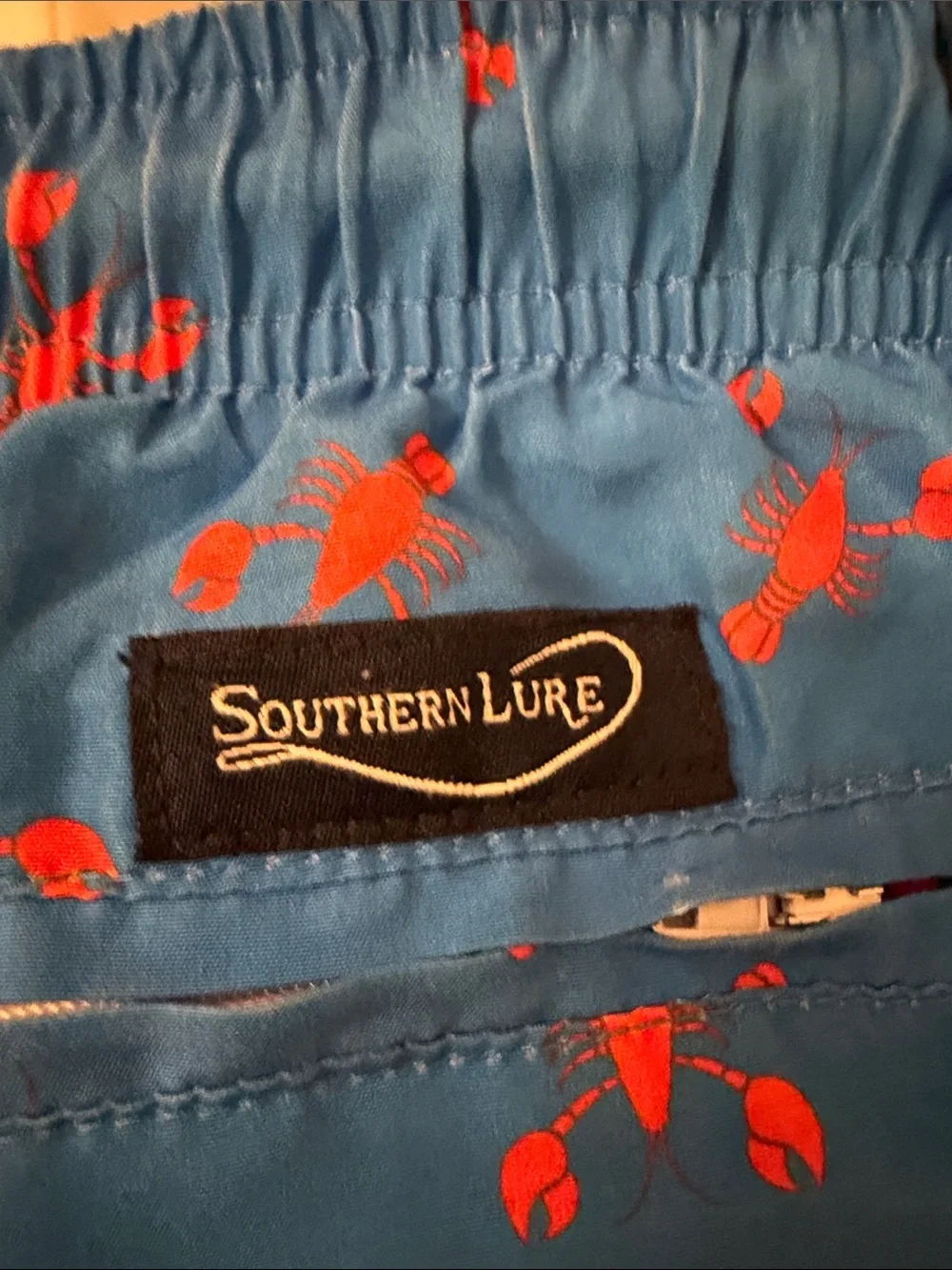 Men's Blue Swim Trunks with Red Lobster Print